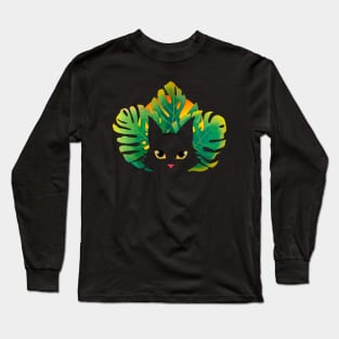 Black Cat with Tropical Leaves in the Sunset Long Sleeve T-Shirt